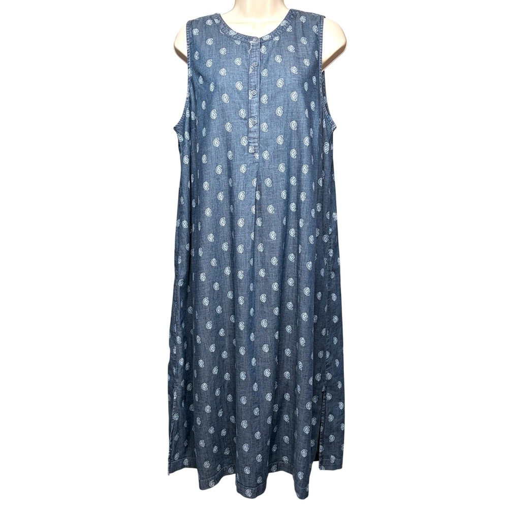 Pure Jill Indigo Dress Womens L Blue Paisley Chambray Cotton Tank Midi Lagenlook